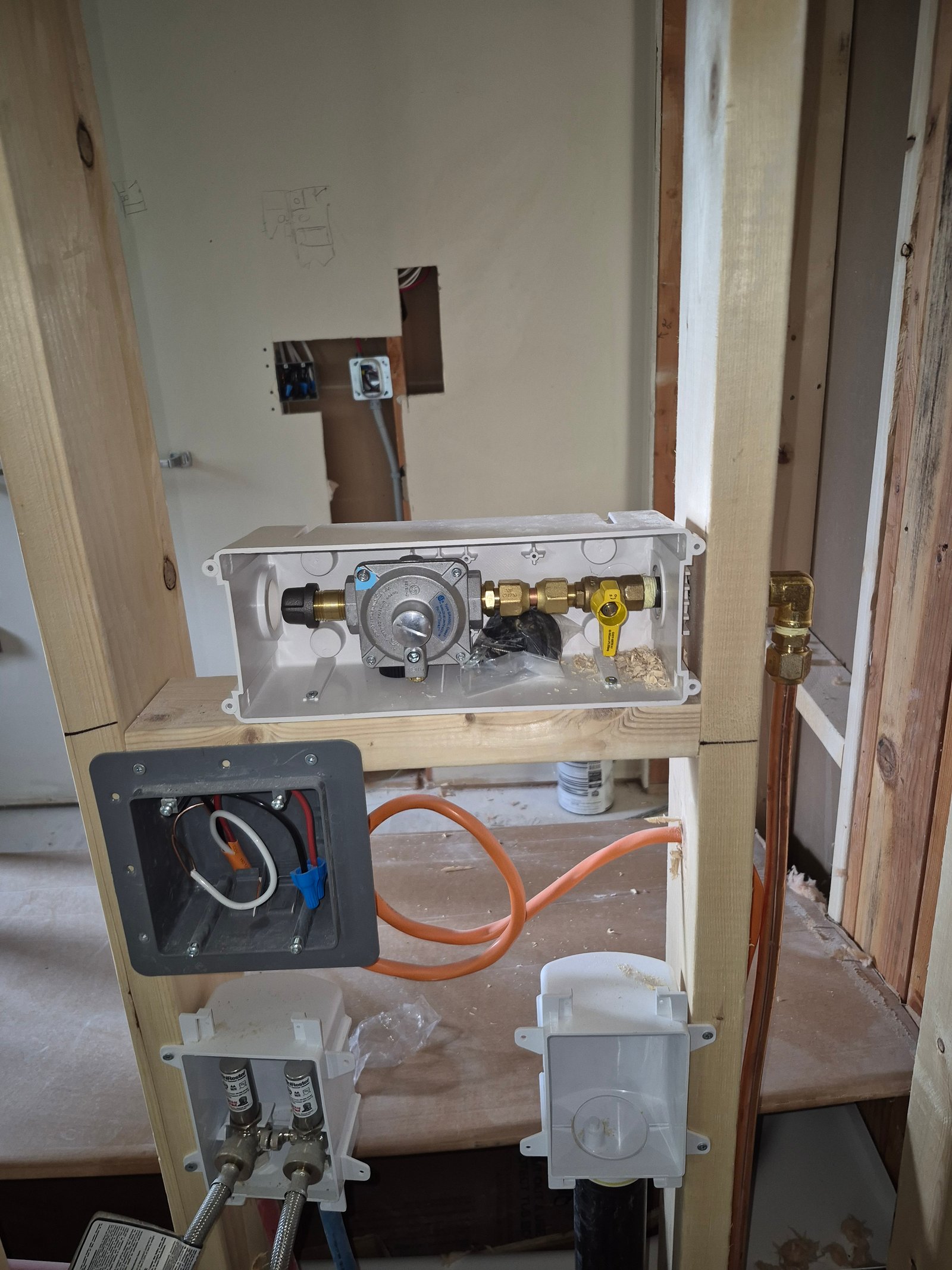 Gas rough-in box with regulator installed in a wall cavity